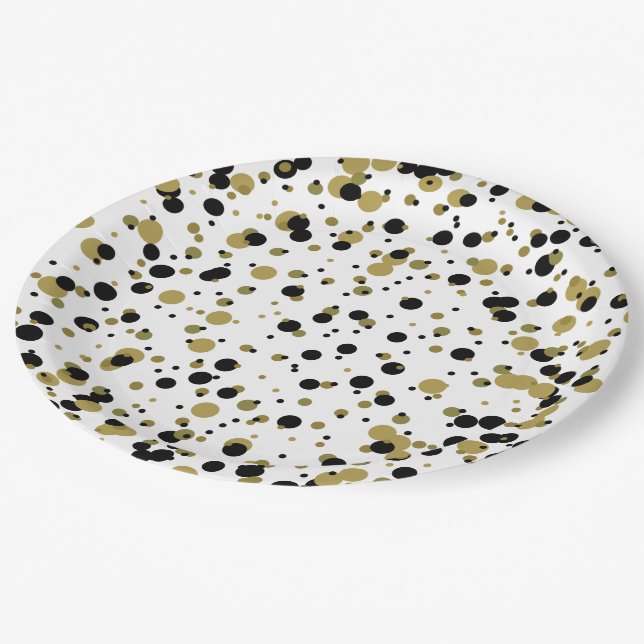 Schwarz und Gold Confetti Dot Pattern Modernes Ein Pappteller (Schrägansicht)