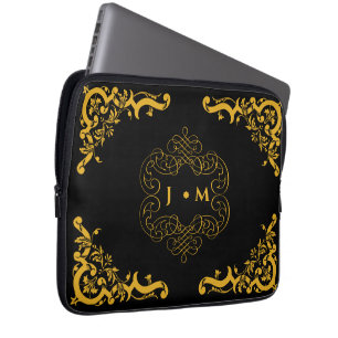 Schwarz und Gold dekorativ mit Initialen Laptopschutzhülle