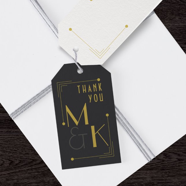 Schwarz und Gold der 1920er Jahre danken dir für d Geschenkanhänger (Thank you gift tags for your Gatsby Wedding. Just add your initials)