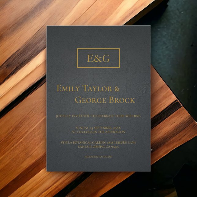 Schwarz und Gold Einfache Monogramm Elegante Hochz Einladung (Von Creator hochgeladen)