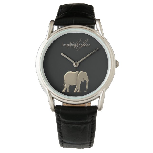 Schwarz und Gold Elefant Elegant Mit Monogramm Armbanduhr (Vorderseite)