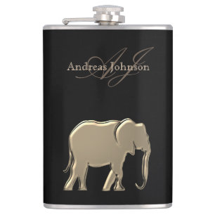 Schwarz und Gold Elefant Glamour Elegant Monogramm Flachmann