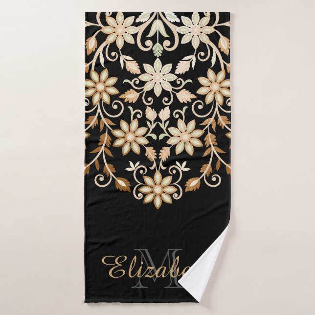 Schwarz und Gold Elegant Blumen Badhandtuch Set (Badehandtuch)