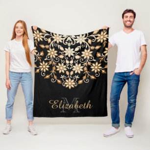 Schwarz und Gold Elegant Blumen Fleecedecke