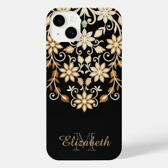 Schwarz und Gold Elegant Blumen iPhone 14 Plus Hülle (Rückseite)