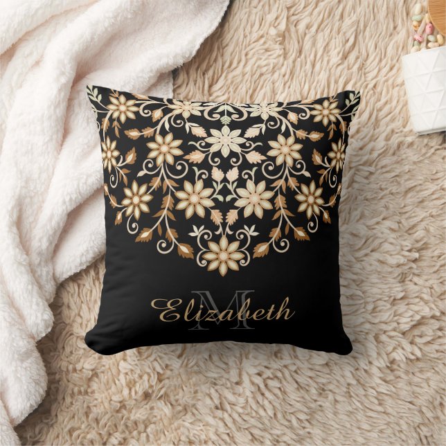 Schwarz und Gold Elegant Blumen Kissen (Decke)