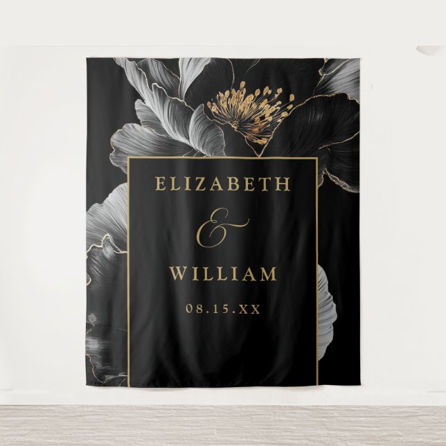 Schwarz und Gold Elegante Blumenzettel Wandteppich (Vorderseite)