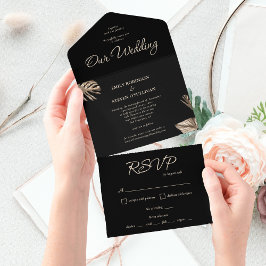 Schwarz und Gold Elegante Botanische Hochzeit All In One Einladung