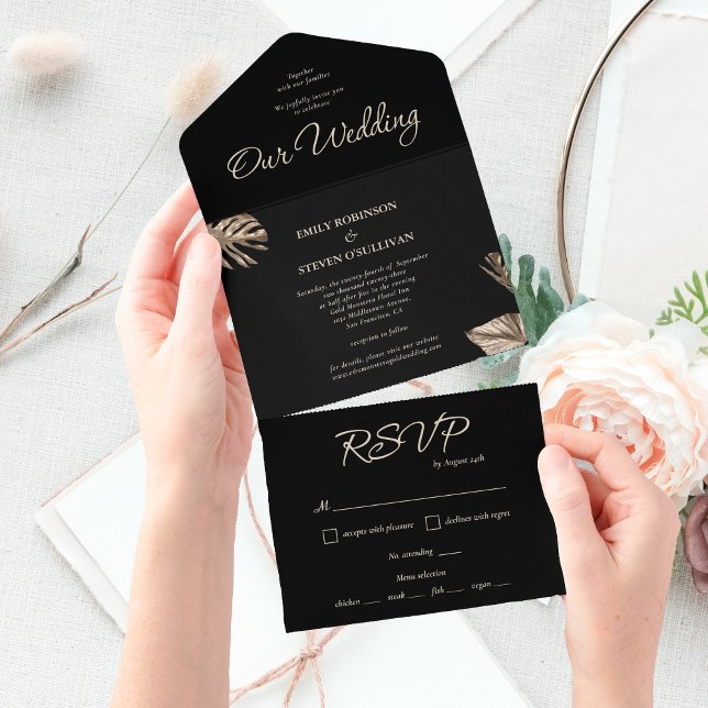 Schwarz und Gold Elegante Botanische Hochzeit All In One Einladung (Von Creator hochgeladen)