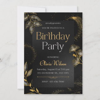 Schwarz und Gold Elegante Flora Geburtstagsparty I Einladung