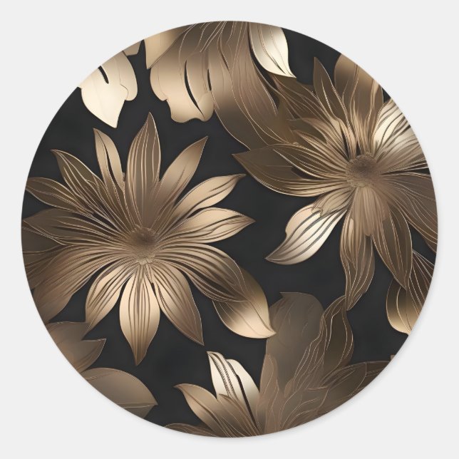 Schwarz und Gold Elegante Moderne Blumen Runder Aufkleber (Vorderseite)