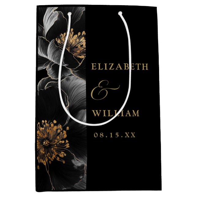 Schwarz und Gold Elegante Moderne Blumenzitat Hoch Mittlere Geschenktüte (Vorderseite)