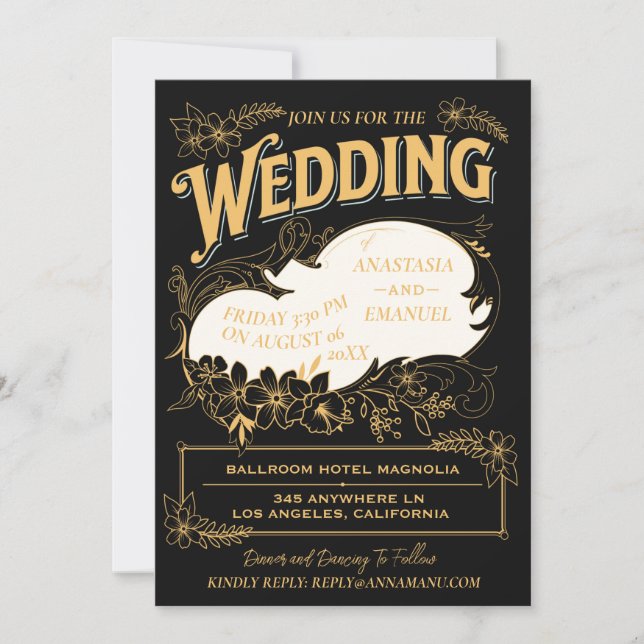 Schwarz und Gold Elegante Verzierte Hochzeit Einladung (Vorderseite)