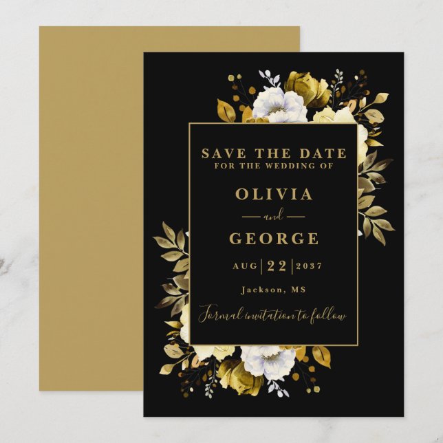 Schwarz und Gold Elegantes Hochzeitswasser Save The Date (Vorne/Hinten)