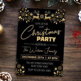 Schwarz und Gold Elegantes Weihnachtsfest Party Einladung