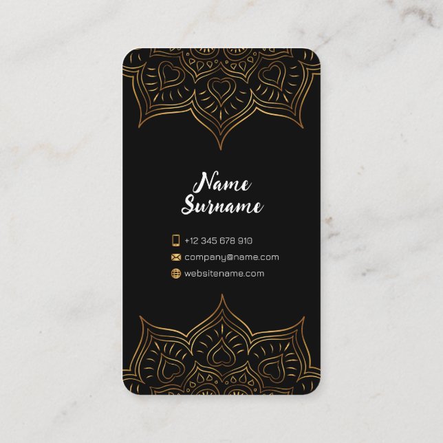 Schwarz und Gold Floral Modernes Indianermuster Telefonnummerkarte (Rückseite)