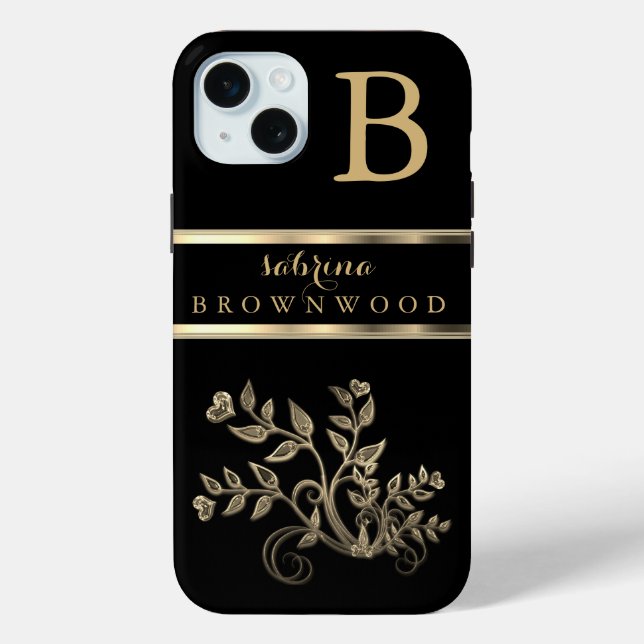 Schwarz und Gold floral - Personalisiert Case-Mate iPhone Hülle (Rückseite)
