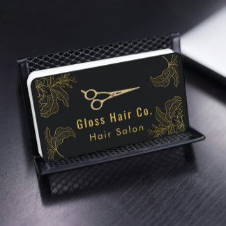Schwarz und Gold Florales Friseursalon Eleganter L Visitenkarte