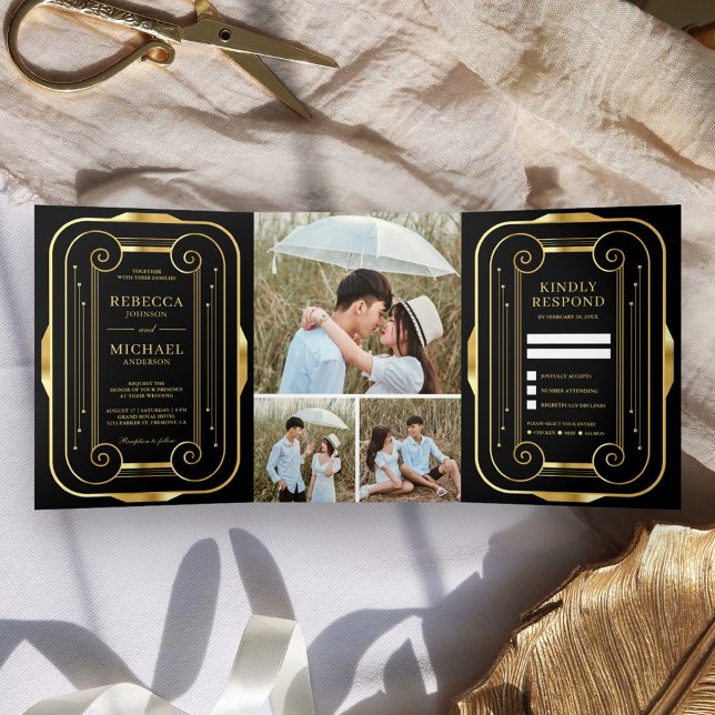 Schwarz und Gold Foil Art Deco Fotomotive Dreifach Gefaltete Einladung (Von Creator hochgeladen)