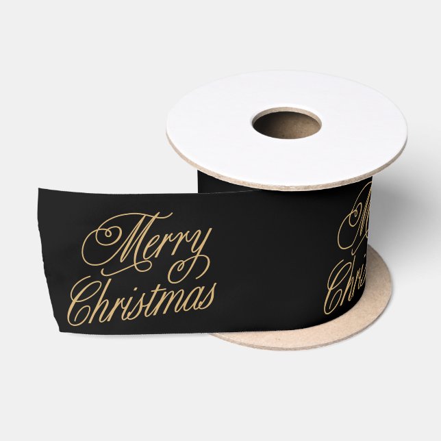 Schwarz und Gold Frohe Weihnachten Satinband (Spule)