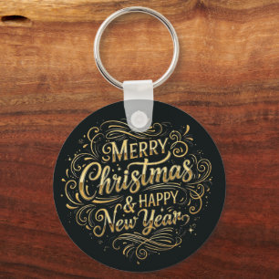 Schwarz und Gold Frohe Weihnachtstypografie-Script Schlüsselanhänger