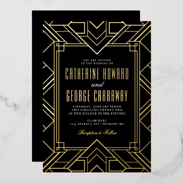 Schwarz und Gold Geometric Gatsby Wedding Folieneinladung (Vorderseite/Rückseite)