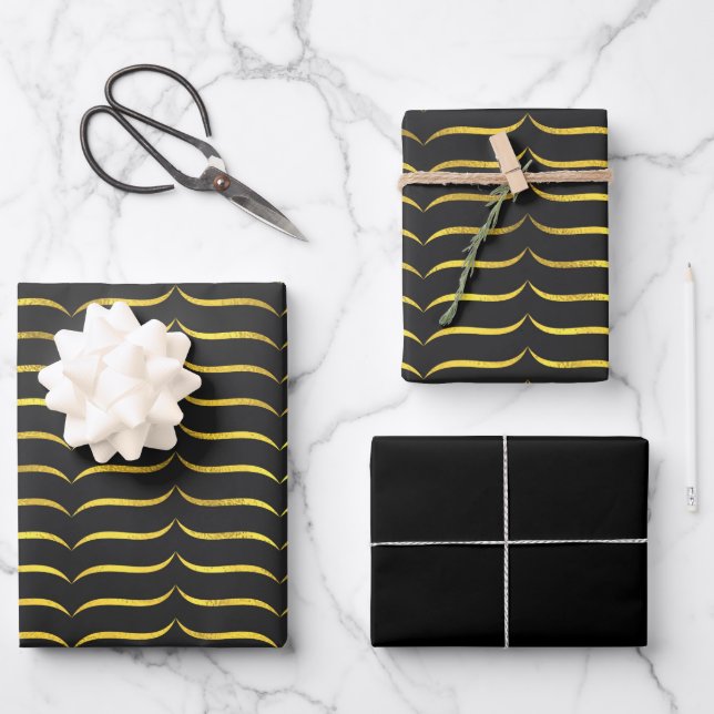 Schwarz und Gold Geschenkpapier Set (Vorderseite)