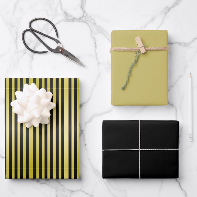 Schwarz und Gold gestreift Geschenkpapier Set (Vorderseite)