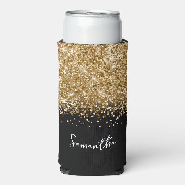 Schwarz und Gold Glittery Glam Script Name Selters Dosenkühler (Seltzer Vorderseite)
