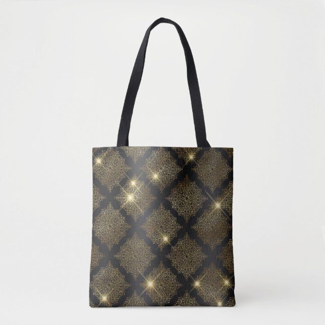 Schwarz und Gold Glitzer Glam Filigree Muster Tasche (Vorderseite)