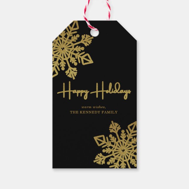 Schwarz und Gold Glitzer Snowflake Happy Holidays Geschenkanhänger (Vorderseite)