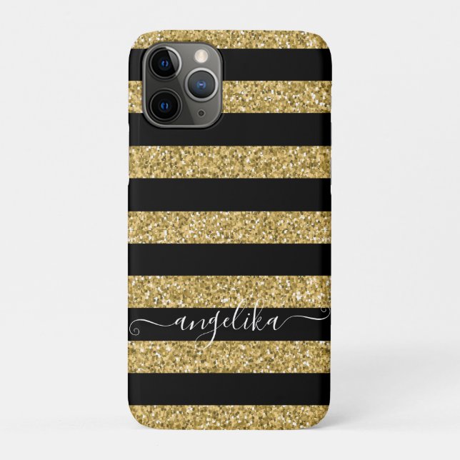 Schwarz und Gold Glitzer Stripes Script-Individuel Case-Mate iPhone Hülle (Rückseite)