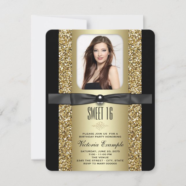 Schwarz und Gold Glitzer Sweet 16 Party Einladung (Vorderseite)