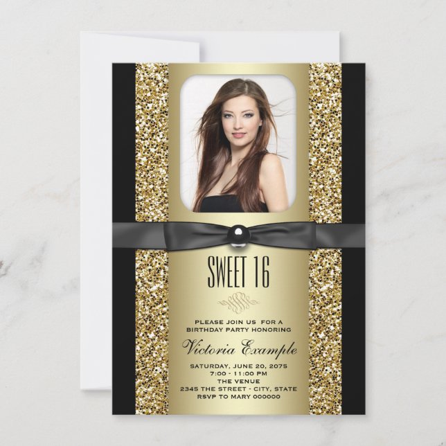 Schwarz und Gold Glitzer Sweet 16 Party Einladung (Vorderseite)