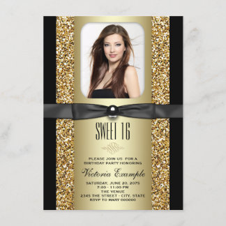 Schwarz und Gold Glitzer Sweet 16 Party Einladung
