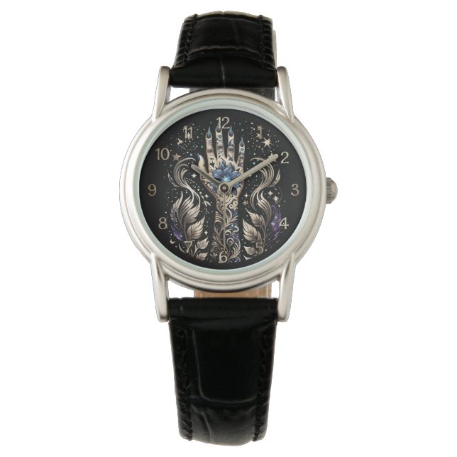 Schwarz und Gold Hand Tattoo Armbanduhr (Vorderseite)