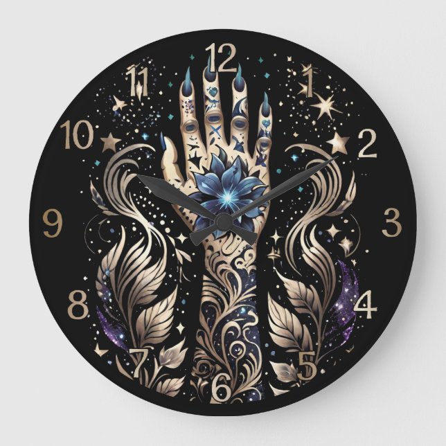 Schwarz und Gold Hand Tattoo Große Wanduhr (Vorderseite)