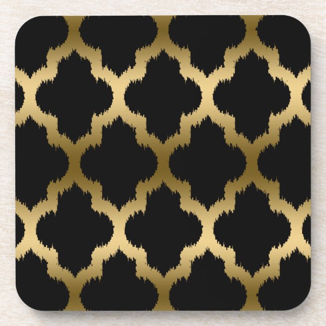 Schwarz und Gold Ikat Quatrefolienmuster Getränkeuntersetzer (Vorderseite)