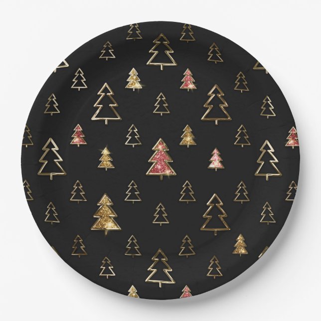 Schwarz und Gold Imitate Weihnachtsbäume aus Metal Pappteller (Vorderseite)
