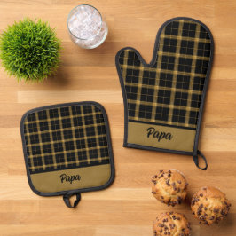 Schwarz und Gold Kariert Ofenhandschuh & Topflappen-Set
