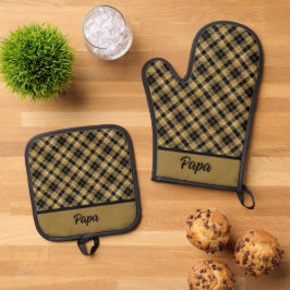 Schwarz und Gold Kariert Ofenhandschuh & Topflappen-Set