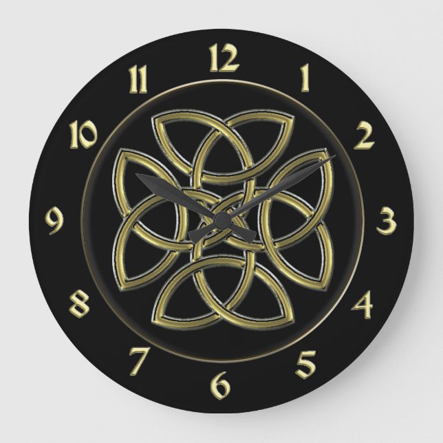 Schwarz und Gold keltische Dara Shield-Knoten-Uhr Große Wanduhr (Vorderseite)