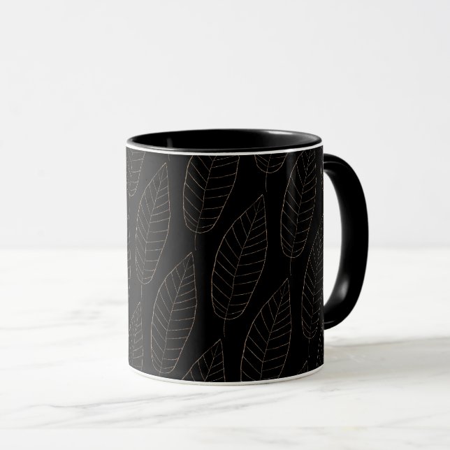 Schwarz und Gold Leaf Line Art Muster Kaffee Tasse (VorderseiteRechts)