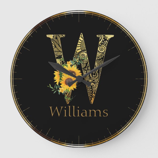 Schwarz und Gold Letter W Sonnenblumen Runduhr Große Wanduhr (Vorderseite)