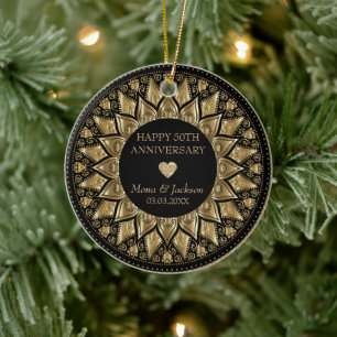Schwarz und Gold Mandala und Herz Keramik Ornament