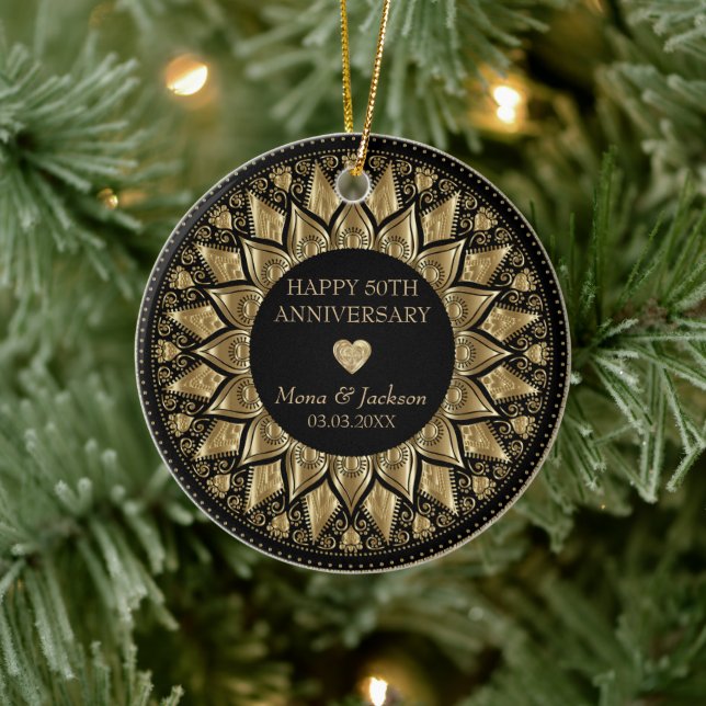 Schwarz und Gold Mandala und Herz Keramik Ornament (Baum)