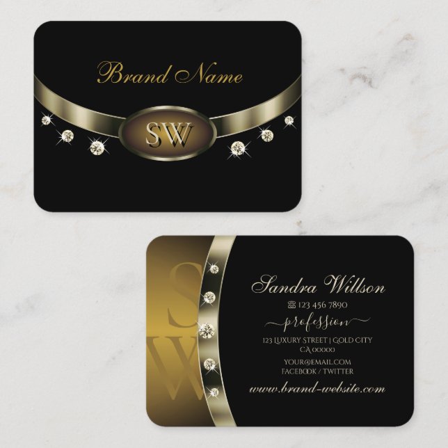 Schwarz und Gold mit Monogram Diamonds auffangen Visitenkarte (Vorne/Hinten)