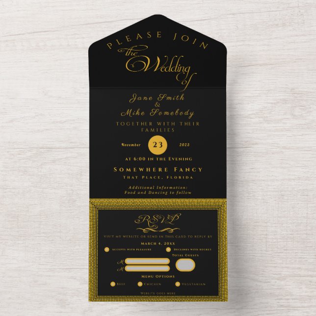 Schwarz und Gold mit Monogramm All In One Einladung (Innen)