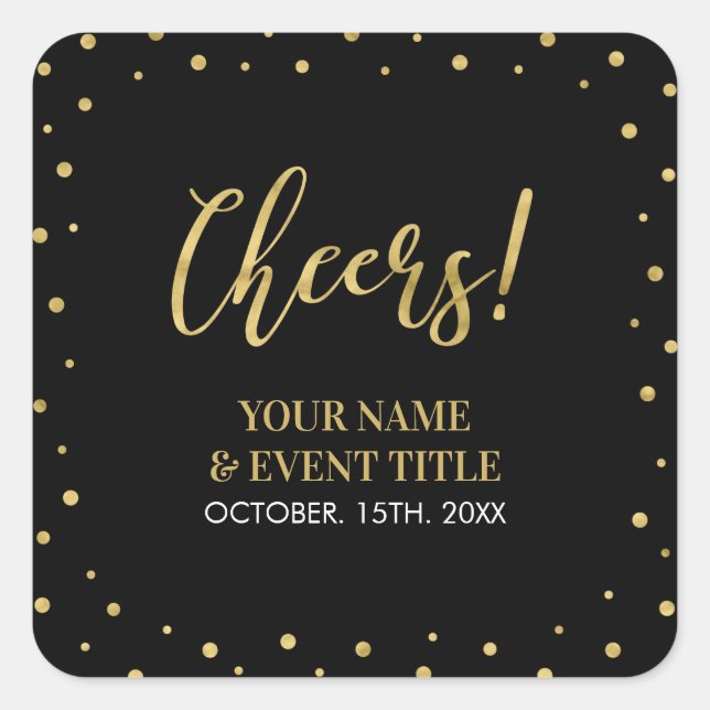 Schwarz und Gold | Modern Cheers Adult Birthday Ge Quadratischer Aufkleber (Vorderseite)