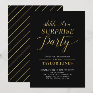 Schwarz und Gold | Modern Surprise Birthday Party Einladung